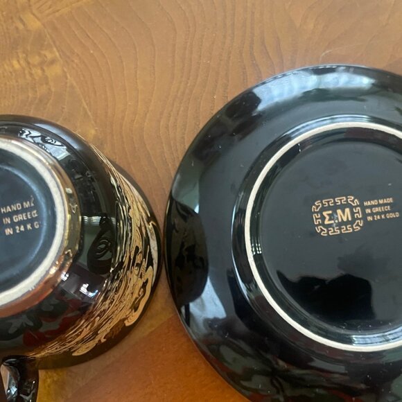 24K Gold TEACUP & SAUCER Hand Made Greece Greek Mythology Prints Gold Black - Picture 6 of 8